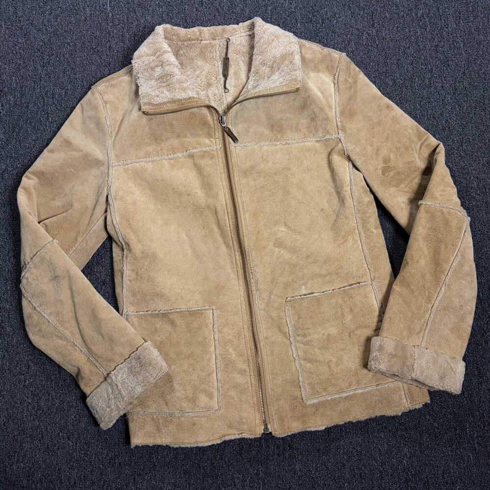 Vintage y2k Suede genuine Leather Fur Patchwork Jacket Light Beige Small